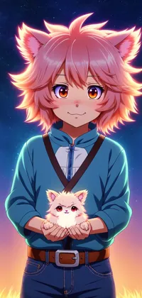 Little Kemonomimi Girl Holding Furry Animal Anime Live Wallpaper
