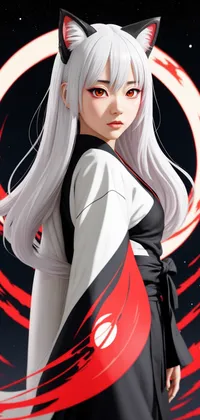 Beautiful  Kitsunemusume Anime Girl in Black and White Kimono Live Wallpaper