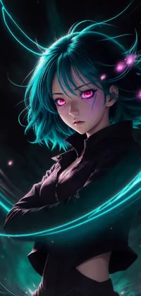 Magical Anime Girl with Green Hair and Black Clothing Live Wallpaper