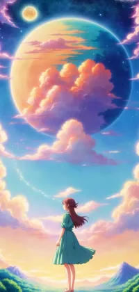 Girl Watching Planets on Pastel Sky Anime Live Wallpaper