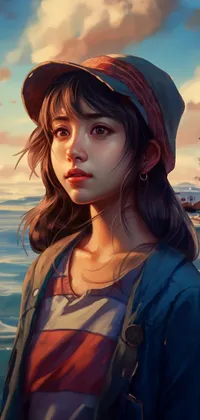 Cute Girl with Hat at Sea Shore Live Wallpaper