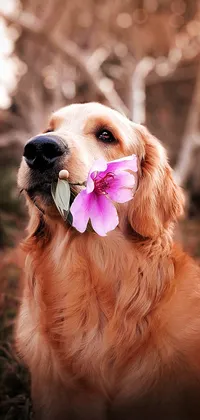 Golden Retriever Dog Holding Flower Live Wallpaper