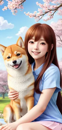 Anime Akita Inu and Girl under Sakura Tree Live Wallpaper