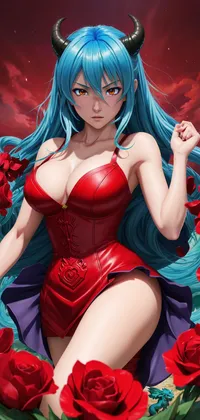 Beautiful Aku Girl in Red Dress with Roses Anime Live Wallpaper