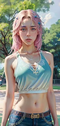 Fictional Pink-haired Girl in the Park Live Wallpaper