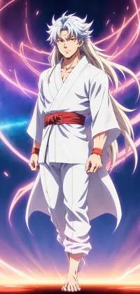 Neon Martial Artists Anime in White Kimono Live Wallpaper