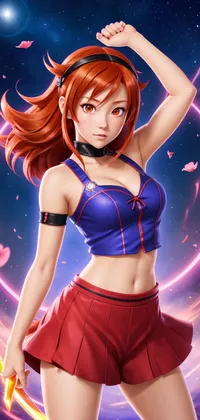 Anime Redhead Girl in Blue and Red Shorts Live Wallpaper