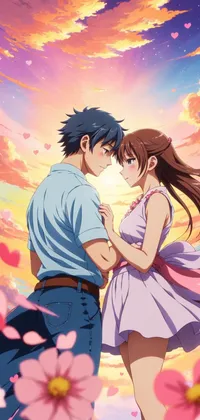 Couple Embracing Love with Flowers at Dawn Anime Live Wallpaper