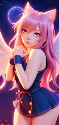 Nekomimi Girl with Pink Hair and Wings Anime Live Wallpaper