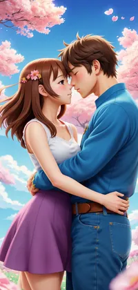 Anime Couple Hugging between Sakura Trees Live Wallpaper