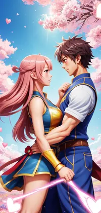 Boy and Girl Hugging under Sakura Anime Live Wallpaper