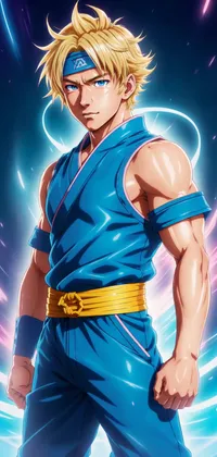 Blonde Male Warrior in Blue Outfit Anime Live Wallpaper