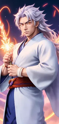 White Haired Male in White Kimono and Fiery Sword Anime Live Wallpaper