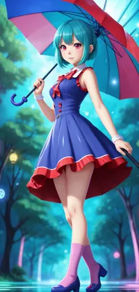 Girl in Blue Dress with Umbrella Anime Live Wallpaper