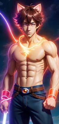 Bare Chested Kemonomimi Male with Glowing Necklace Anime Live Wallpaper