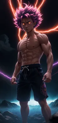 Supercharged Muscled Male Anime with Purple Hair Live Wallpaper