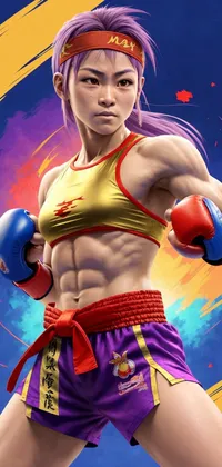 Female Boxer in Fight Position with Purple Hair Live Wallpaper