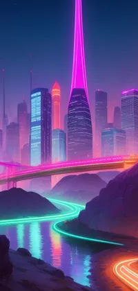 Neon City Bridge and River Live Wallpaper