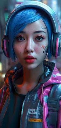 Blue-haired Cyberpunk Girl with Headsets Live Wallpaper