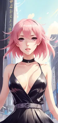 Pink-haired Anime Girl in a Black Dress in the City Live Wallpaper