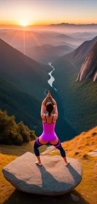 Pink Woman Doing Yoga on Mountain Top Live Wallpaper