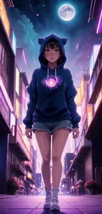 Hooded City Girl Anime at Night Live Wallpaper