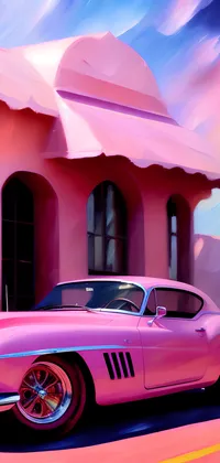 Retro Sports Pink Car Next to Store Live Wallpaper