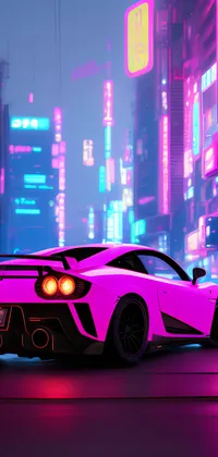 Super Cyberpunk Pink Car in the City Live Wallpaper